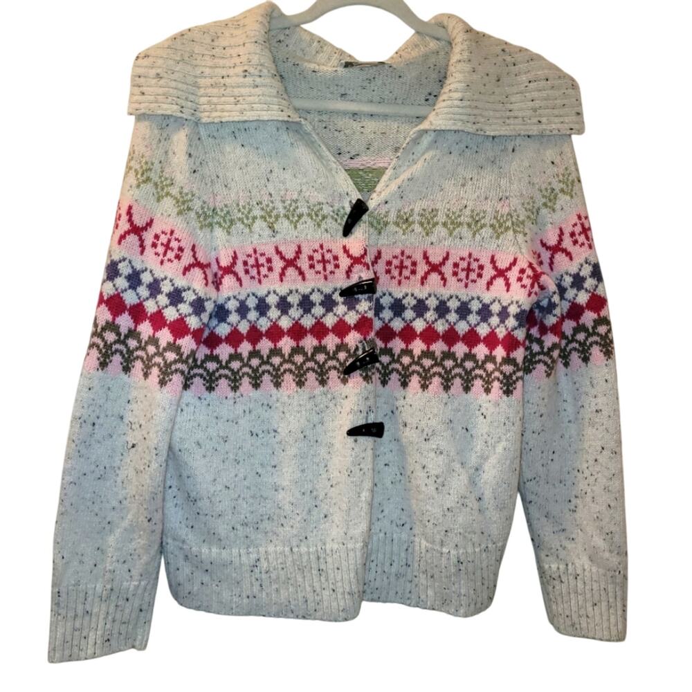 Vintage Knit Nordic Cardigan Sweater Cotton Shark Tooth Toggle Buttons Size PM